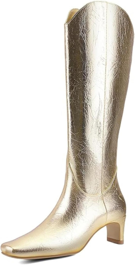 Women's Knee High Boots Square Toe, Chunky Heel Pull On Boots, Faux Leather Non-Slip Winter Boots for Party, Dating & Daily Wear, Minimalist Classic Style in Gold & Black 