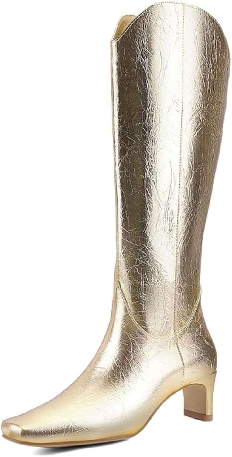 Women's Knee High Boots Square Toe, Chunky Heel Pull On Boots, Faux Leather Non-Slip Winter Boots for Party, Dating & Daily Wear, Minimalist Classic Style in Gold & Black 