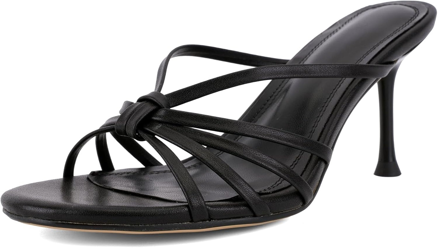 Women's Heeled Sandals, Strappy Mule Heels Slip On Open Toe with Knotted Strap, Dressy High Heel Sandals for Party Daily 