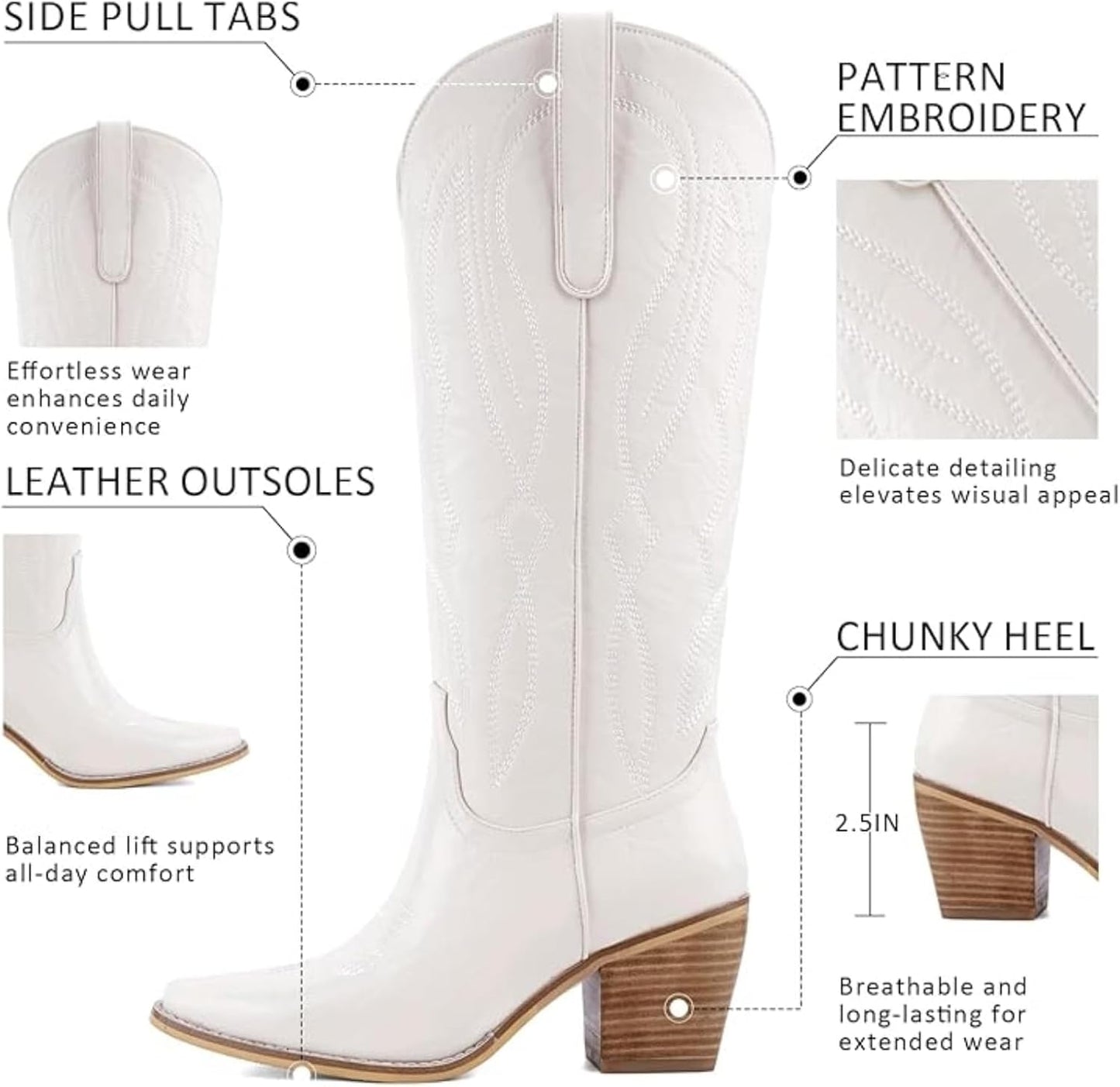 Women's Embroidered Knee-High Western Cowboy Boots, Soft Faux Leather Pull-On Fashion Cowgirl Boots with Pointed Toe and Chunky Heel for Concert, Festival, Party and Daily Outfit