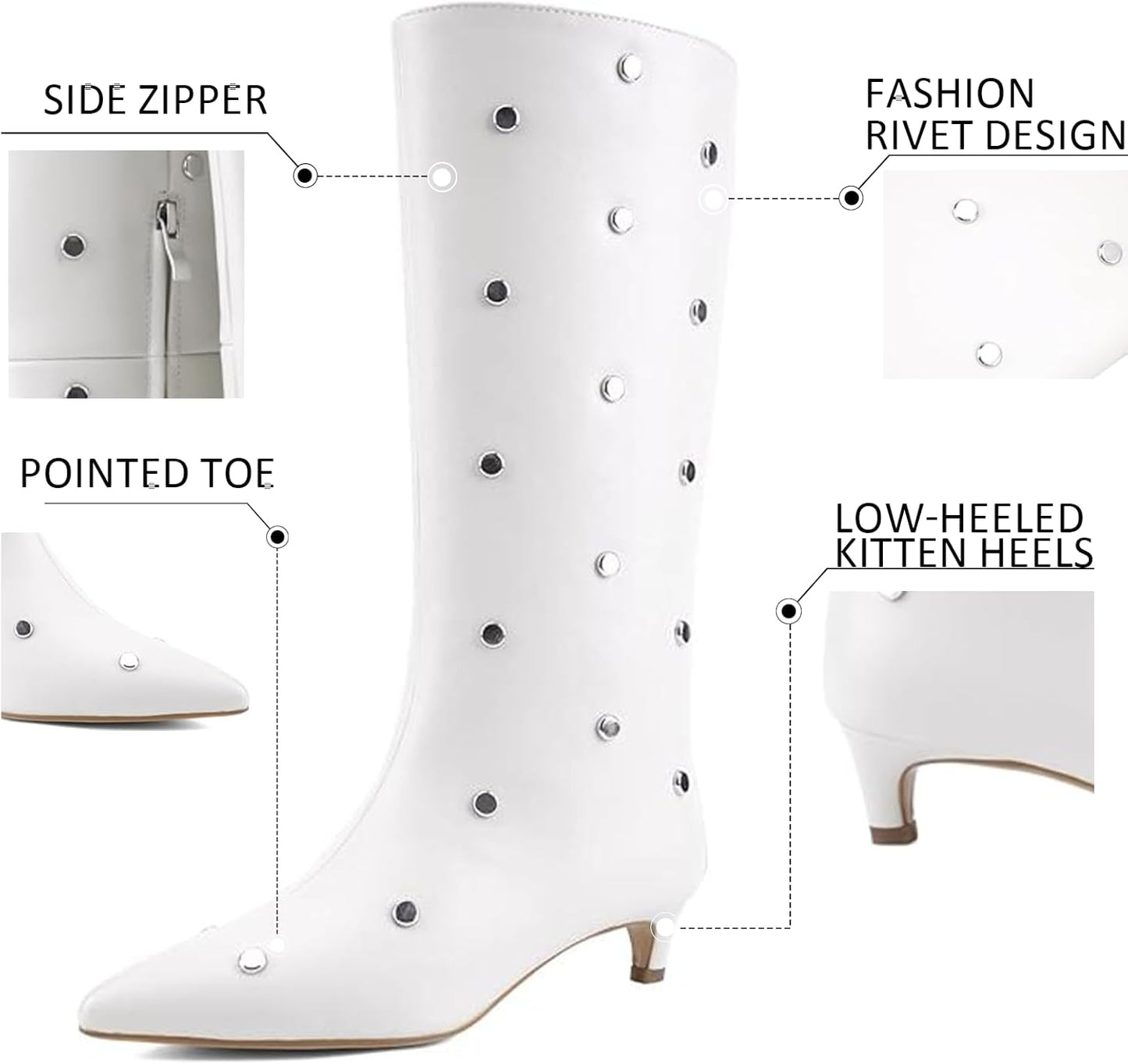 Women's Mid-Calf Boots with Studded Detail, Square Toe Low Kitten Heel Faux Leather Boots with Side Zipper, Fashion Mid Calf Boots for Party, Daily Wear and Fall Outfits 
