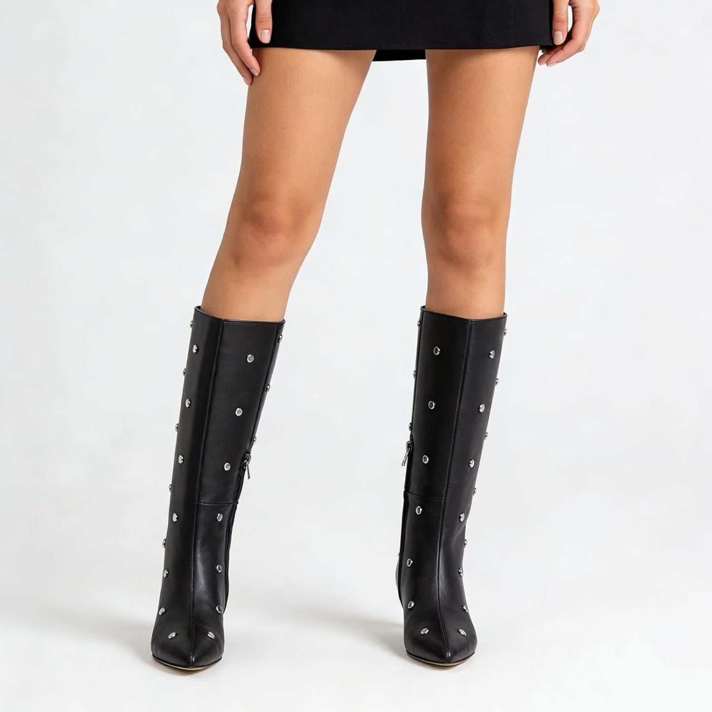 Women's Mid-Calf Boots with Studded Detail, Square Toe Low Kitten Heel Faux Leather Boots with Side Zipper, Fashion Mid Calf Boots for Party, Daily Wear and Fall Outfits 