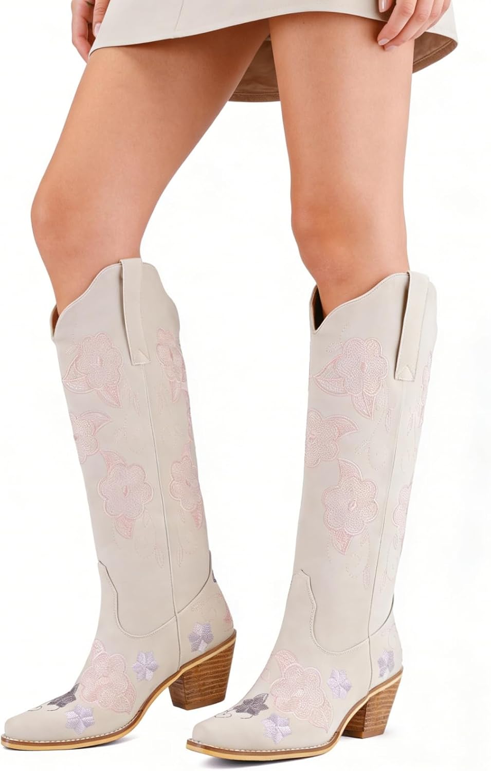 Women's White Cowboy Boots Knee High, Floral Embroidered Western Boots with Pointed Toe & Chunky Heel, Pull On Cowgirl Boots for Spring Outfit, Concert, Festival & Daily Wear 