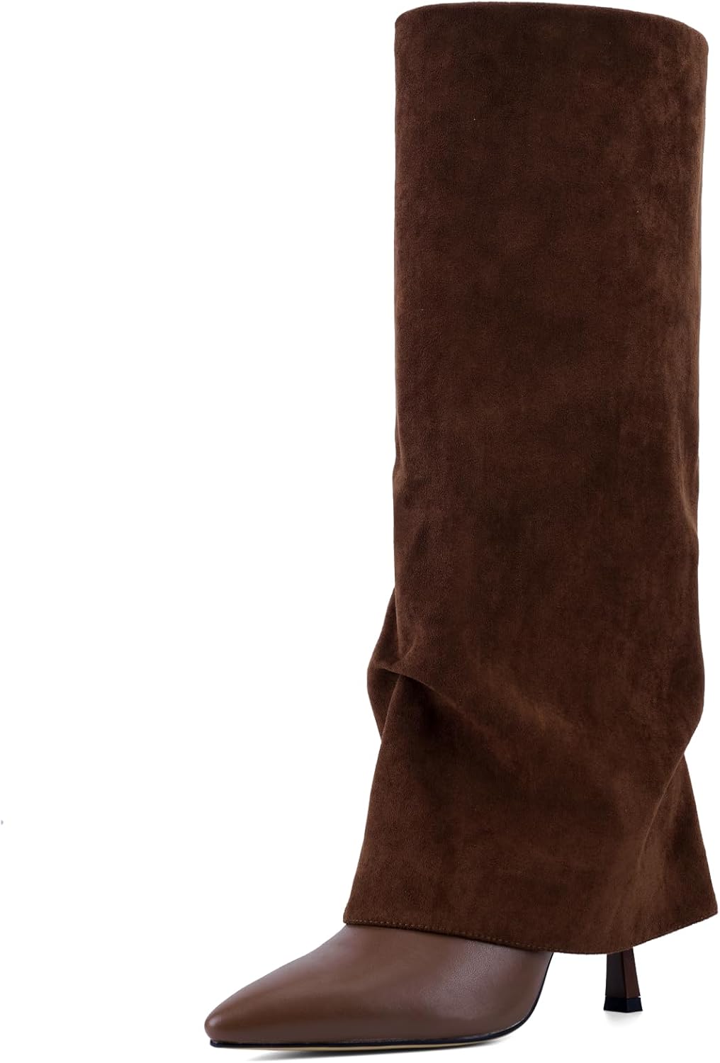 Women's Slouchy Knee High Boots Suede, Fold Over Pointed Toe High Heel Slip On Dress Boots, Chic Tall Boots for Daily Wear Party Dating 