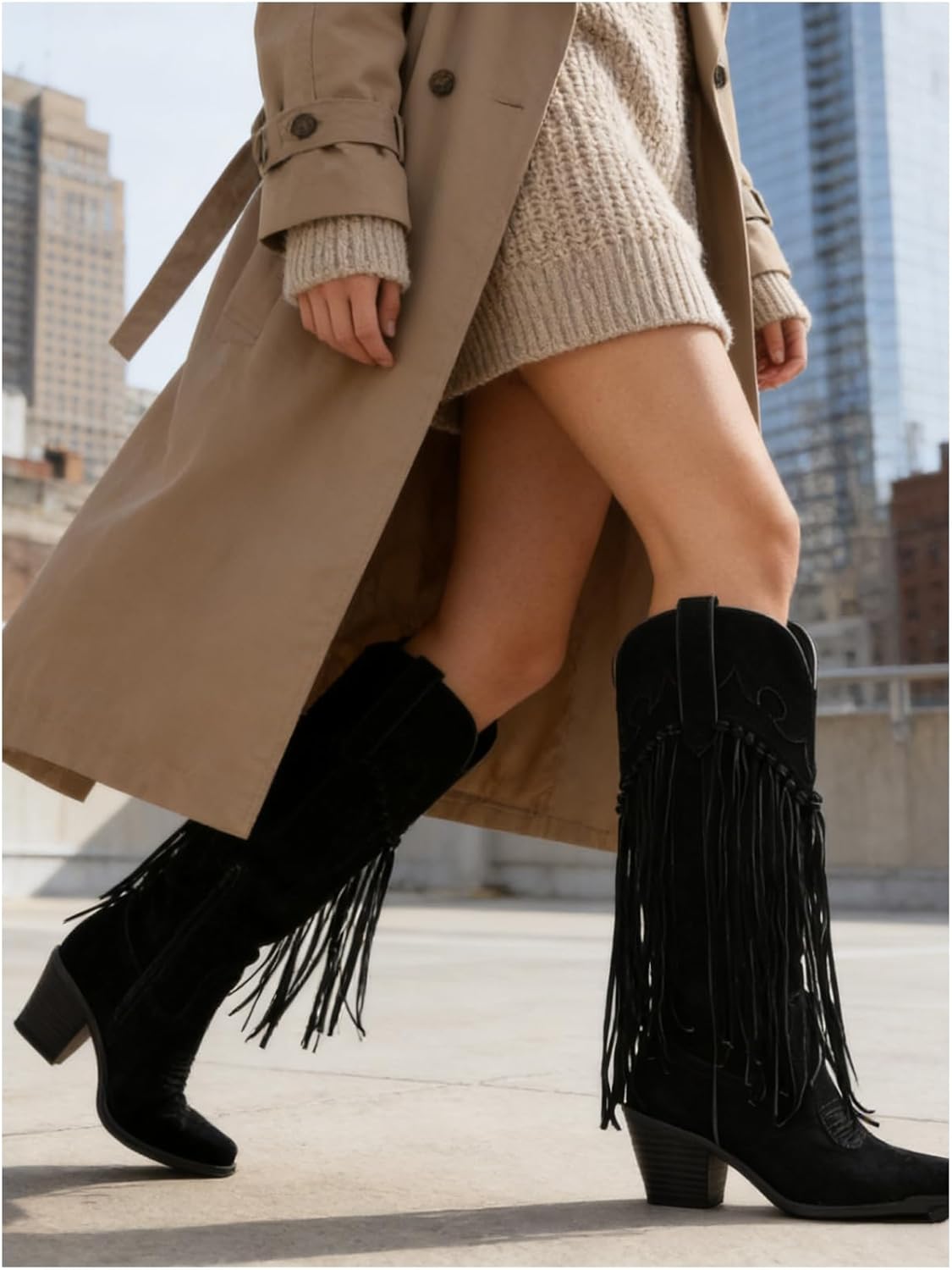 Rhinestone Fringe Cowgirl Boots for Women, Knee High Western Boots with Embroidery, Pointed Toe Chunky Heel Pull On, Concert Festival Statement Boots 