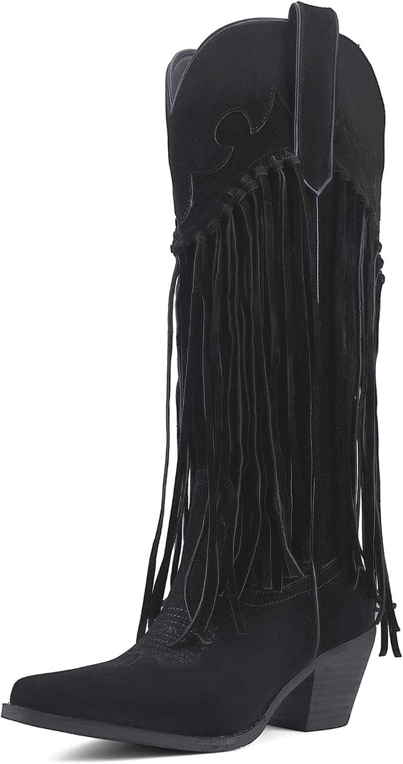 Rhinestone Fringe Cowgirl Boots for Women, Knee High Western Boots with Embroidery, Pointed Toe Chunky Heel Pull On, Concert Festival Statement Boots 