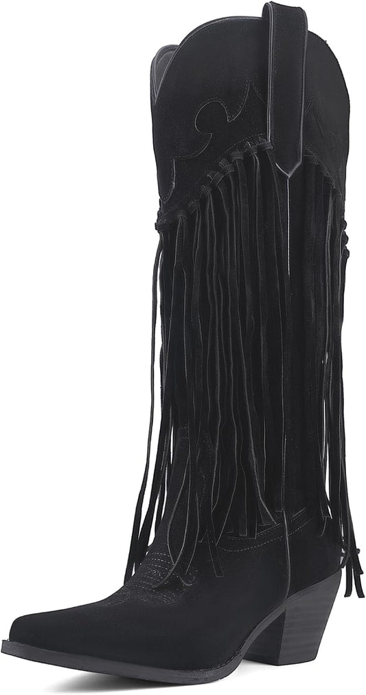 Rhinestone Fringe Cowgirl Boots for Women, Knee High Western Boots with Embroidery, Pointed Toe Chunky Heel Pull On, Concert Festival Statement Boots 