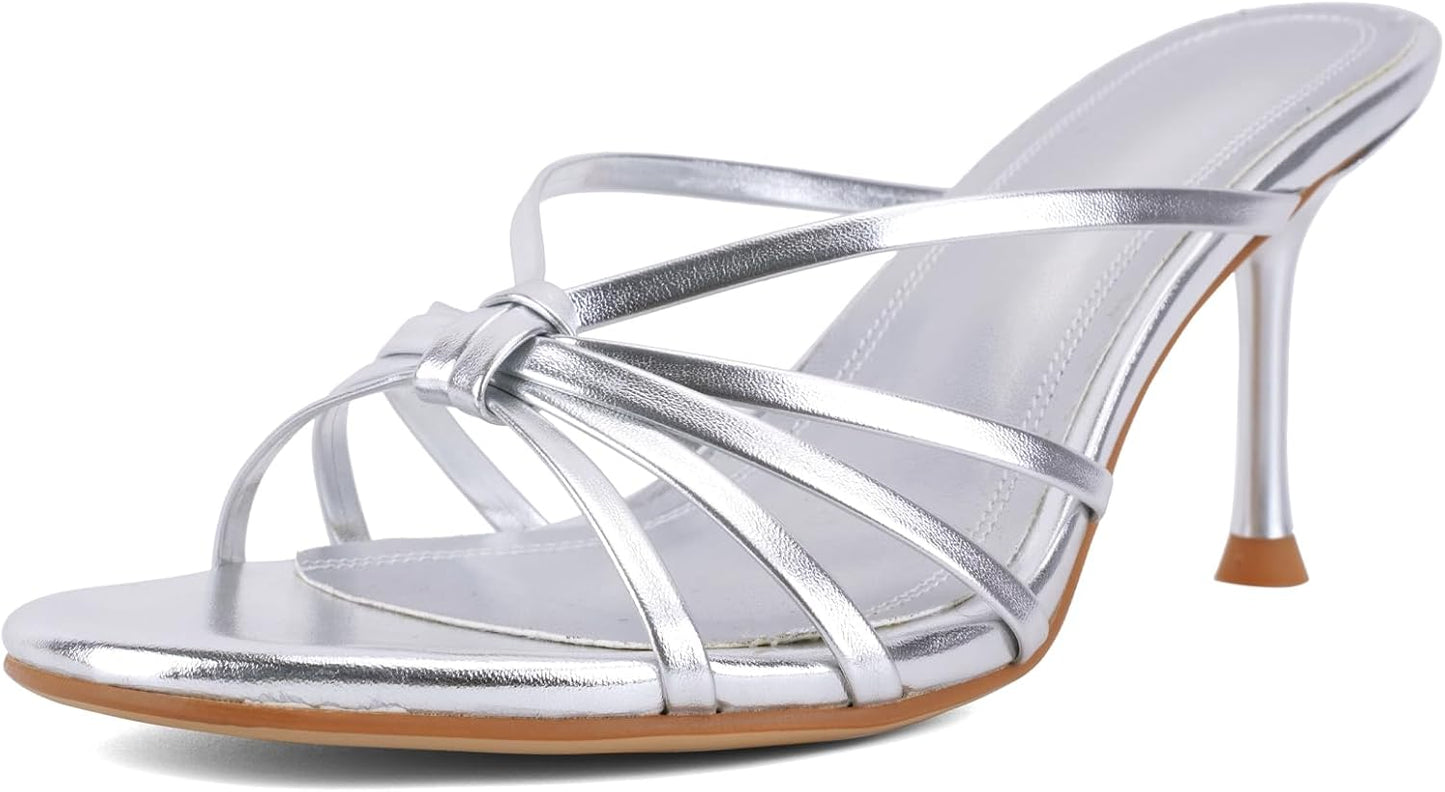 Women's Heeled Sandals, Strappy Mule Heels Slip On Open Toe with Knotted Strap, Dressy High Heel Sandals for Party Daily 