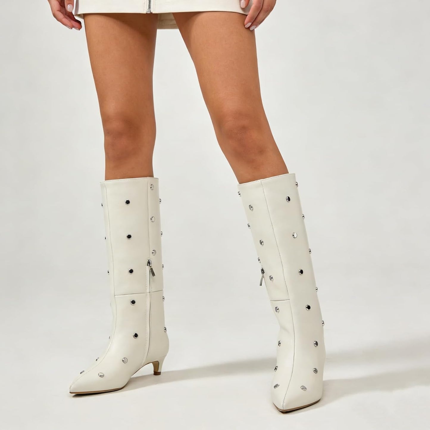 Women's Mid-Calf Boots with Studded Detail, Square Toe Low Kitten Heel Faux Leather Boots with Side Zipper, Fashion Mid Calf Boots for Party, Daily Wear and Fall Outfits 
