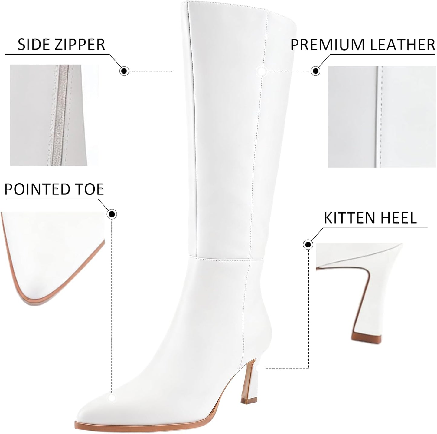 Women's Knee High Boots with Kitten Heel, Classic Faux Leather Pointed Toe Tall Boots with Side Zipper, Elegant Dress Boots for Work Party and Daily Wear 