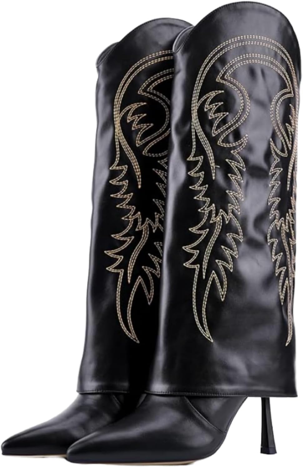 Knee High Cowgirl Boots for Women, Western Fold Over Stiletto Heel, Pointed Toe Pull-On Boots with Leaf Embroidery, Elegant Dress Boots for Party Vacation Casual Wear 