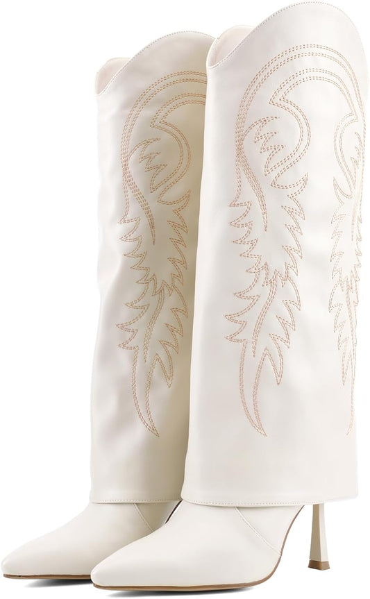 Knee High Cowgirl Boots for Women, Western Fold Over Stiletto Heel, Pointed Toe Pull-On Boots with Leaf Embroidery, Elegant Dress Boots for Party Vacation Casual Wear 