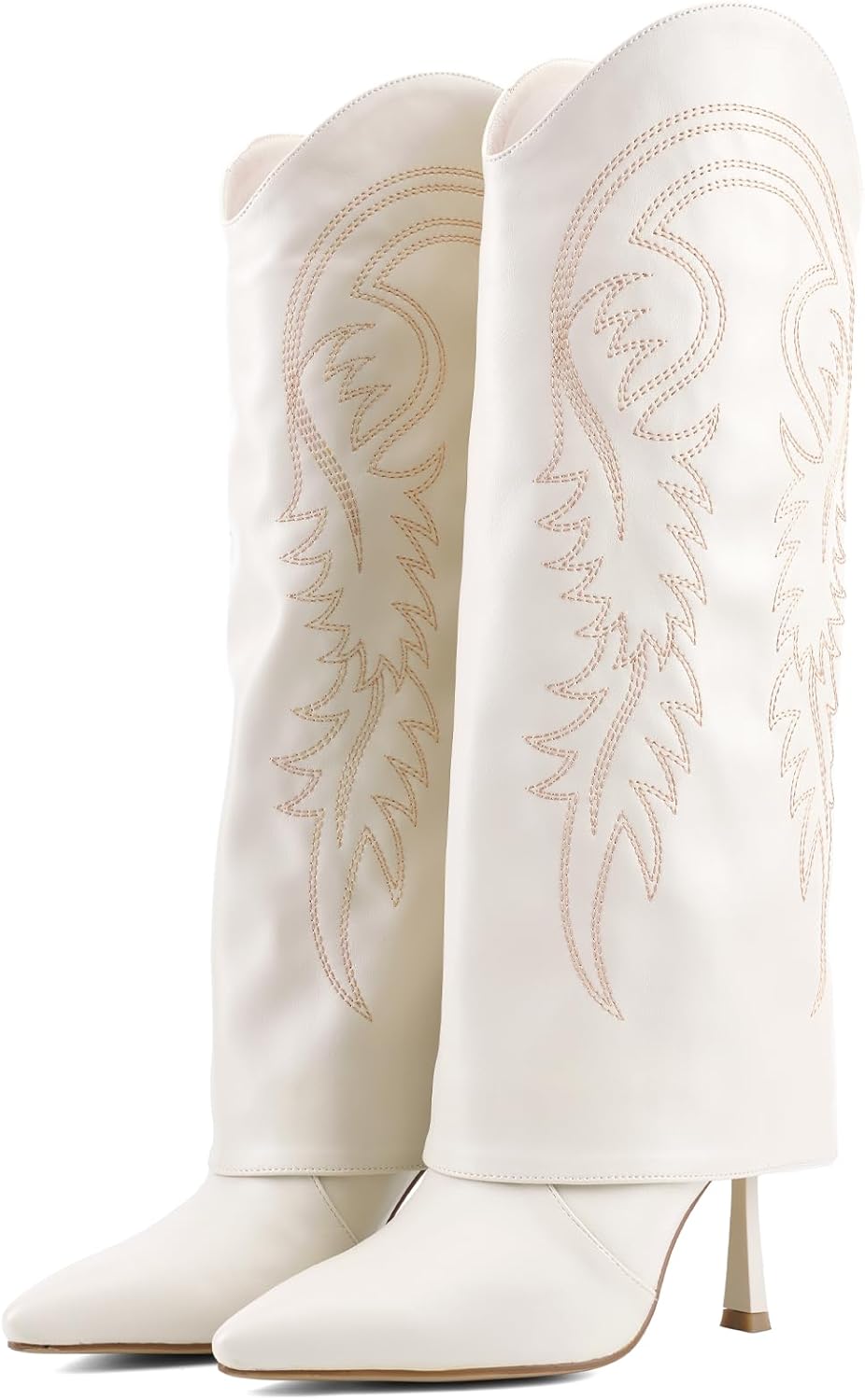 Knee High Cowgirl Boots for Women, Western Fold Over Stiletto Heel, Pointed Toe Pull-On Boots with Leaf Embroidery, Elegant Dress Boots for Party Vacation Casual Wear 