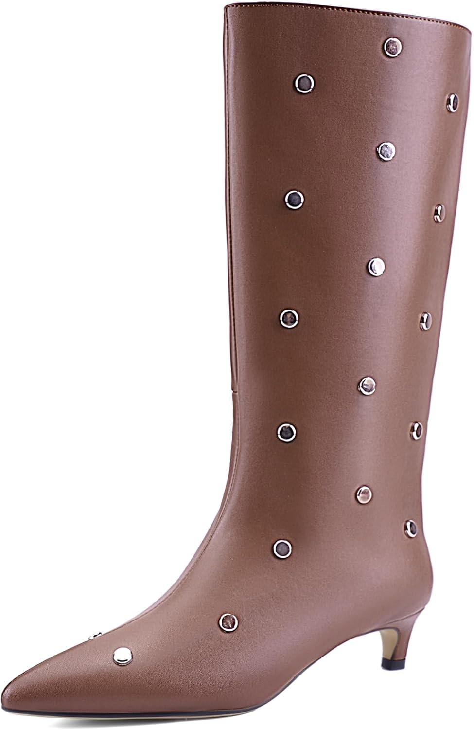 Women's Mid-Calf Boots with Studded Detail, Square Toe Low Kitten Heel Faux Leather Boots with Side Zipper, Fashion Mid Calf Boots for Party, Daily Wear and Fall Outfits 