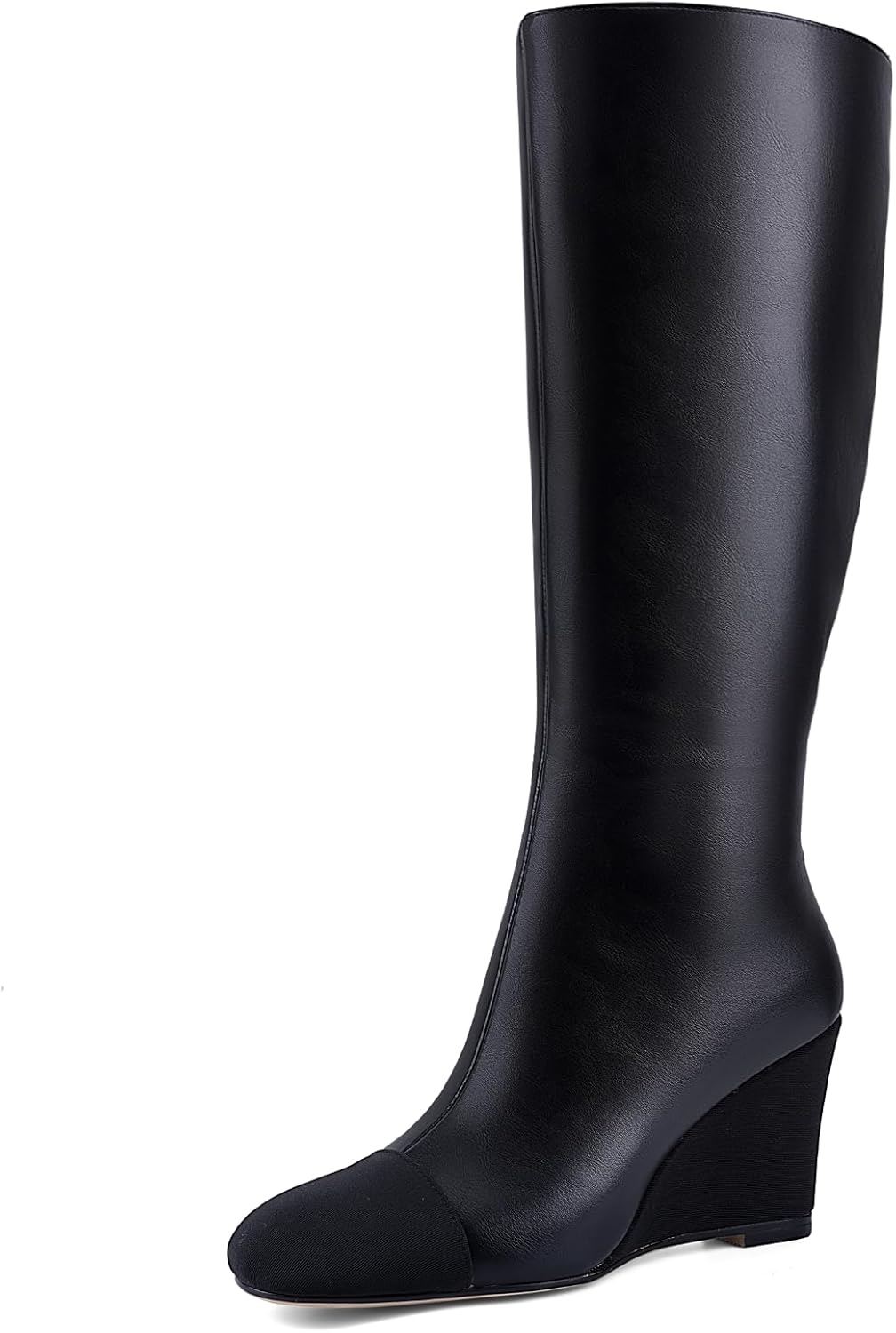 Women's Knee High Wedge Boots, Lightweight Fabric Dress Boots with Round Toe and Side Zipper, Fashion Color Block Design, Comfortable Wedge Heel Boots for Casual, Work, Party 