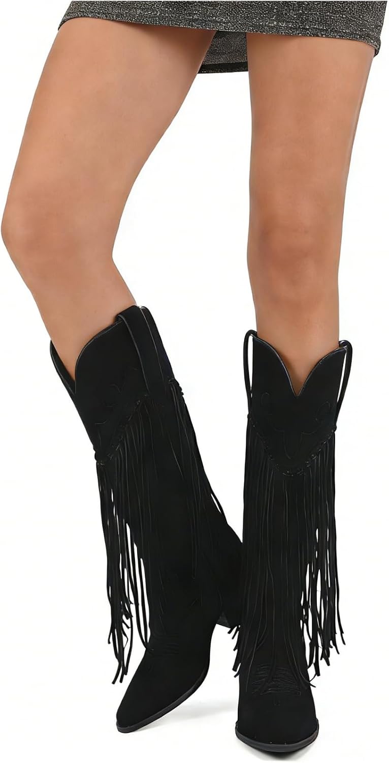 Rhinestone Fringe Cowgirl Boots for Women, Knee High Western Boots with Embroidery, Pointed Toe Chunky Heel Pull On, Concert Festival Statement Boots 