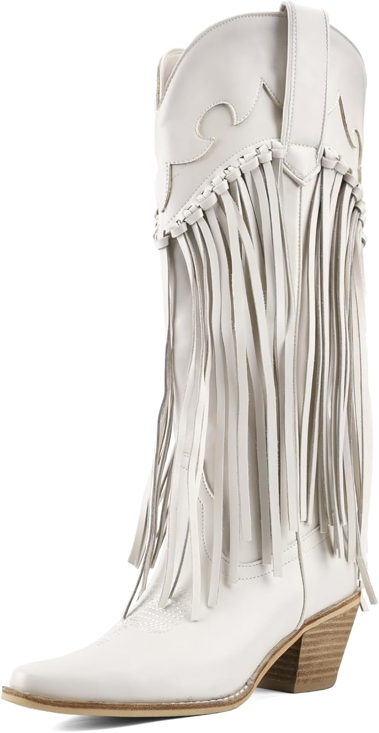 Rhinestone Fringe Cowgirl Boots for Women, Knee High Western Boots with Embroidery, Pointed Toe Chunky Heel Pull On, Concert Festival Statement Boots 