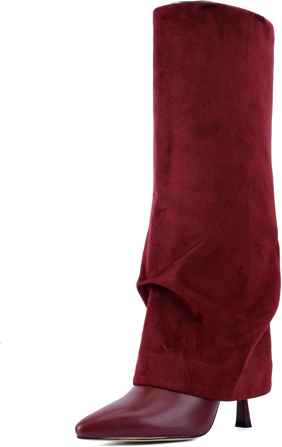 Women's Slouchy Knee High Boots Suede, Fold Over Pointed Toe High Heel Slip On Dress Boots, Chic Tall Boots for Daily Wear Party Dating 