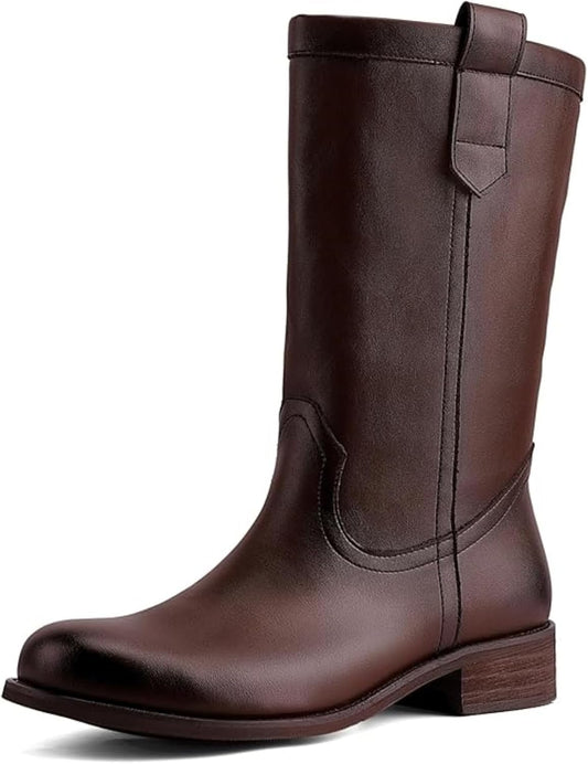 Women's Mid Calf Riding Boots with Chunky Heel, Pull On Classic Boots, Comfortable Round Toe Casual Dress Boots for Daily Party Dating Commuting