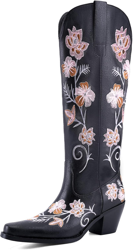 Women's White Cowboy Boots Knee High, Floral Embroidered Western Boots with Pointed Toe & Chunky Heel, Pull On Cowgirl Boots for Spring Outfit, Concert, Festival & Daily Wear 