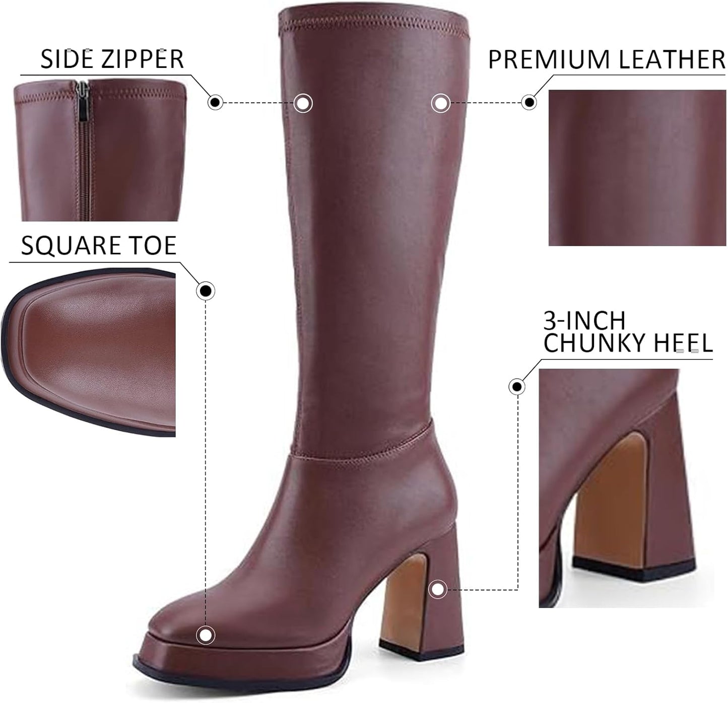 Women's Knee High Platform Gogo Boots, Chunky Block Heel Square Toe with Side Zipper, Party Performance Boots with Thick Sole for Night Out, Concert, Dance, Vacation 