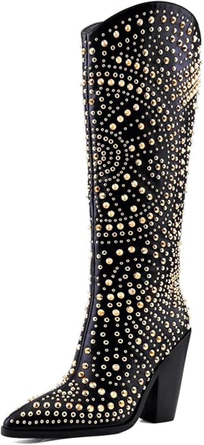 Luxurious Studded Women's Knee High Boots, Pointed Toe & Chunky Heel with Metallic Rivets and Rhinestones, Non-Slip Sole, Unique Design Rivets Boot for Party Concert Casual Fall 