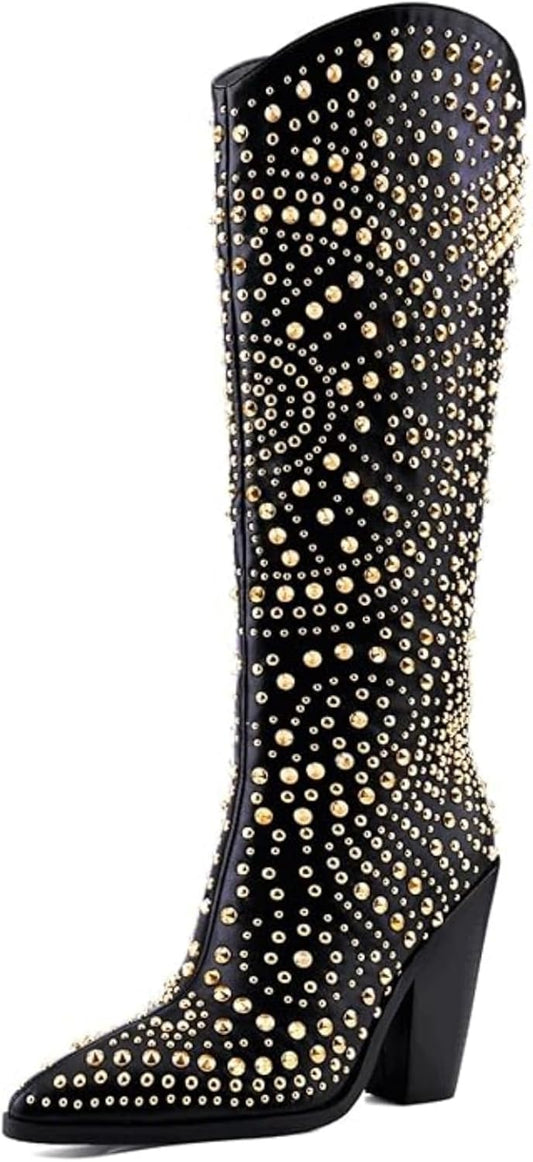 Luxurious Studded Women's Knee High Boots, Pointed Toe & Chunky Heel with Metallic Rivets and Rhinestones, Non-Slip Sole, Unique Design Rivets Boot for Party Concert Casual Fall 