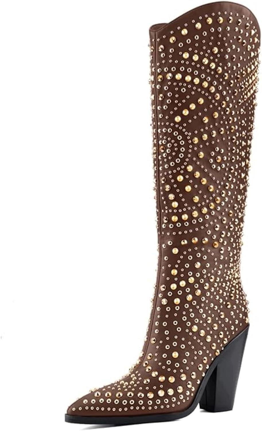 Luxurious Studded Women's Knee High Boots, Pointed Toe & Chunky Heel with Metallic Rivets and Rhinestones, Non-Slip Sole, Unique Design Rivets Boot for Party Concert Casual Fall 