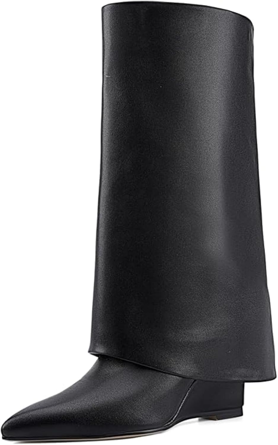 Fold Over Knee High Boots for Women, Slouchy Pull On Wedge Heel Boots with Pointed Toe, Vintage Style Dress Boots for Party, Dating, Fall Casual Outfits 