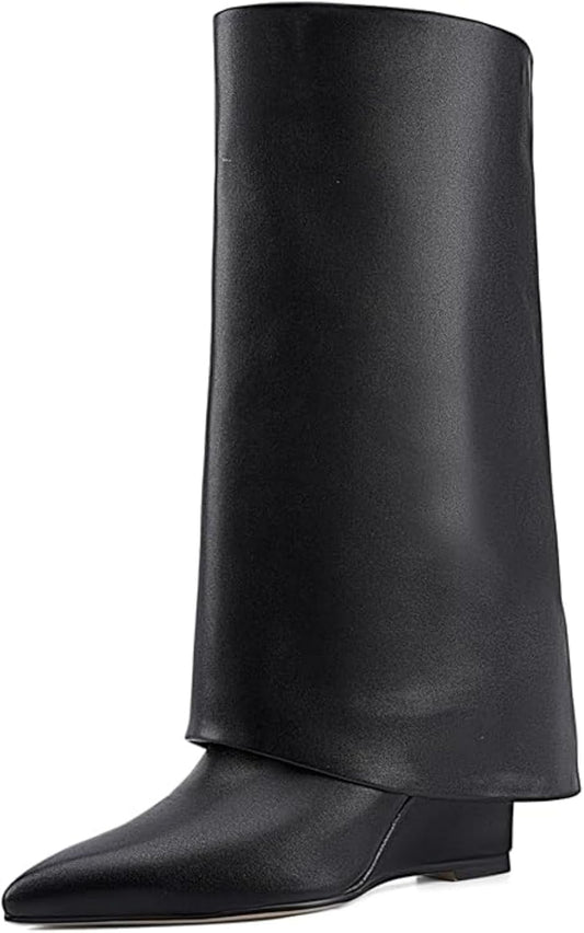 Fold Over Knee High Boots for Women, Slouchy Pull On Wedge Heel Boots with Pointed Toe, Vintage Style Dress Boots for Party, Dating, Fall Casual Outfits 