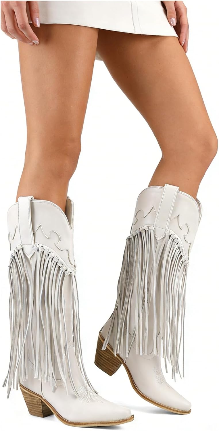 Rhinestone Fringe Cowgirl Boots for Women, Knee High Western Boots with Embroidery, Pointed Toe Chunky Heel Pull On, Concert Festival Statement Boots 