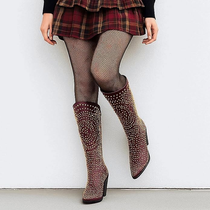 Luxurious Studded Women's Knee High Boots, Pointed Toe & Chunky Heel with Metallic Rivets and Rhinestones, Non-Slip Sole, Unique Design Rivets Boot for Party Concert Casual Fall 
