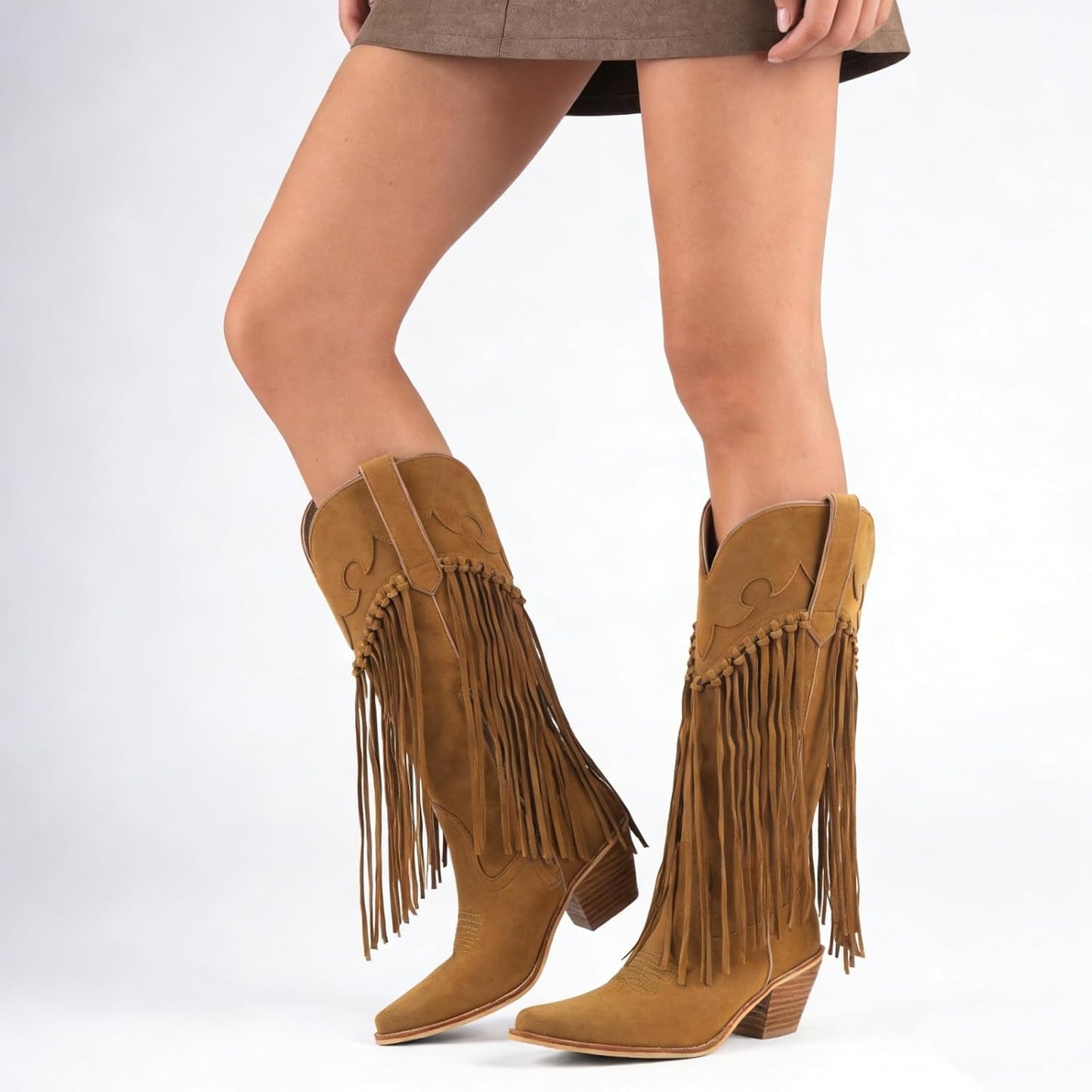 Rhinestone Fringe Cowgirl Boots for Women, Knee High Western Boots with Embroidery, Pointed Toe Chunky Heel Pull On, Concert Festival Statement Boots 