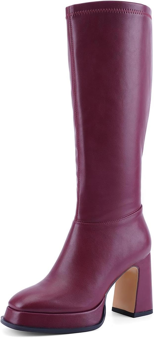 Women's Knee High Platform Gogo Boots, Chunky Block Heel Square Toe with Side Zipper, Party Performance Boots with Thick Sole for Night Out, Concert, Dance, Vacation 