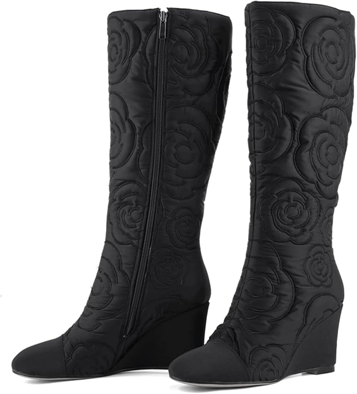 Women's Knee High Wedge Boots, Lightweight Fabric Dress Boots with Round Toe and Side Zipper, Fashion Color Block Design, Comfortable Wedge Heel Boots for Casual, Work, Party 