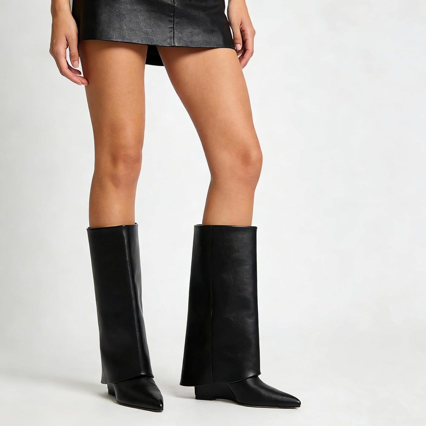 Fold Over Knee High Boots for Women, Slouchy Pull On Wedge Heel Boots with Pointed Toe, Vintage Style Dress Boots for Party, Dating, Fall Casual Outfits 