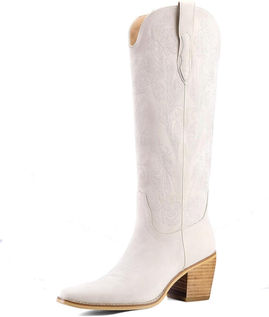 Women's White Cowboy Boots Knee High, Floral Embroidered Western Boots with Pointed Toe & Chunky Heel, Pull On Cowgirl Boots for Spring Outfit, Concert, Festival & Daily Wear 