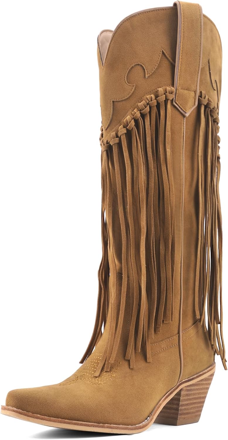 Rhinestone Fringe Cowgirl Boots for Women, Knee High Western Boots with Embroidery, Pointed Toe Chunky Heel Pull On, Concert Festival Statement Boots 