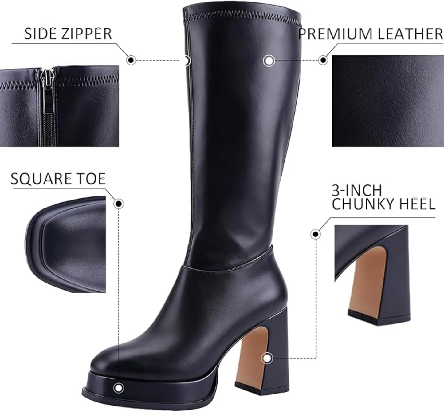 Women's Knee High Platform Gogo Boots, Chunky Block Heel Square Toe with Side Zipper, Party Performance Boots with Thick Sole for Night Out, Concert, Dance, Vacation 