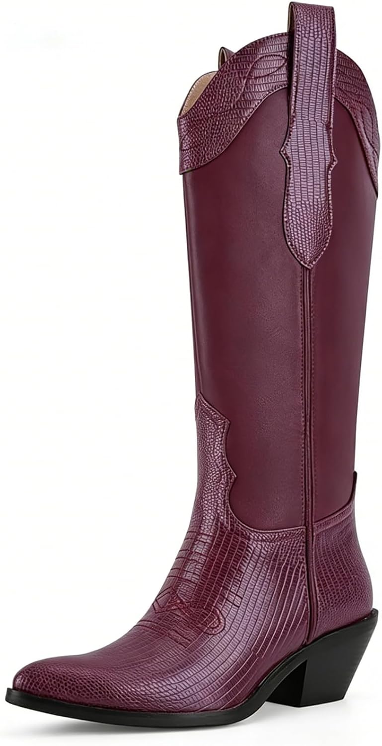 Cowboy Boots for Women Comfortable Chunky Heel, Embroidered Western Knee High Boots with Pointed Toe for Country Concert, Retro Cowgirl Style 