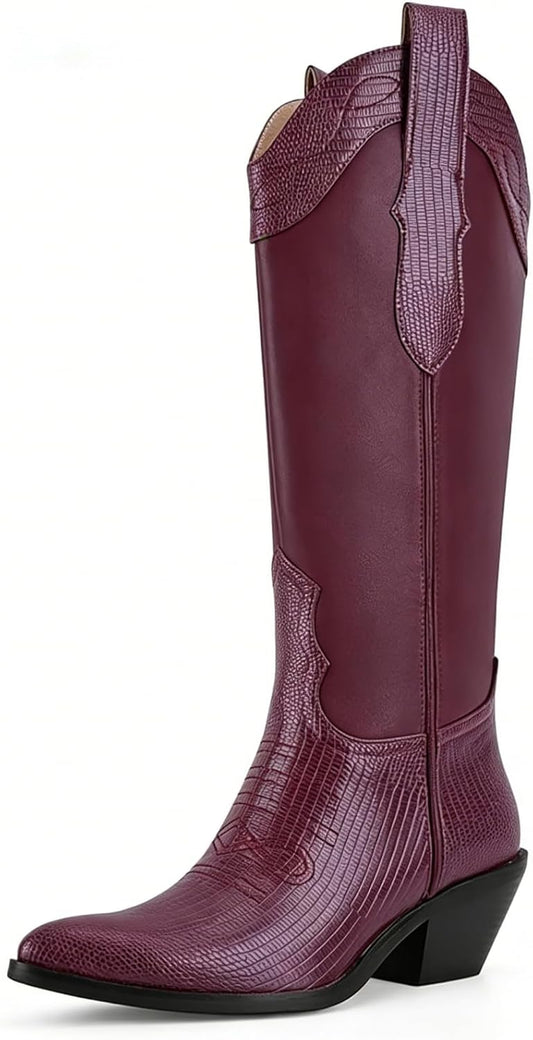 Cowboy Boots for Women Comfortable Chunky Heel, Embroidered Western Knee High Boots with Pointed Toe for Country Concert, Retro Cowgirl Style 