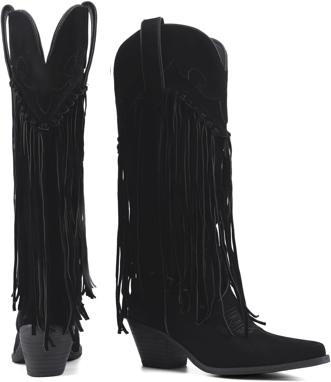 Rhinestone Fringe Cowgirl Boots for Women, Knee High Western Boots with Embroidery, Pointed Toe Chunky Heel Pull On, Concert Festival Statement Boots 