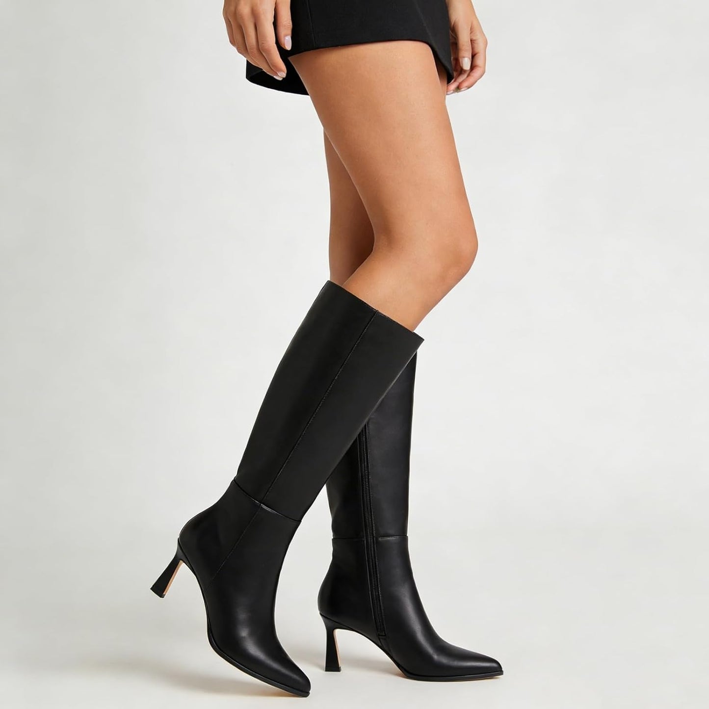 Women's Knee High Boots with Kitten Heel, Classic Faux Leather Pointed Toe Tall Boots with Side Zipper, Elegant Dress Boots for Work Party and Daily Wear 