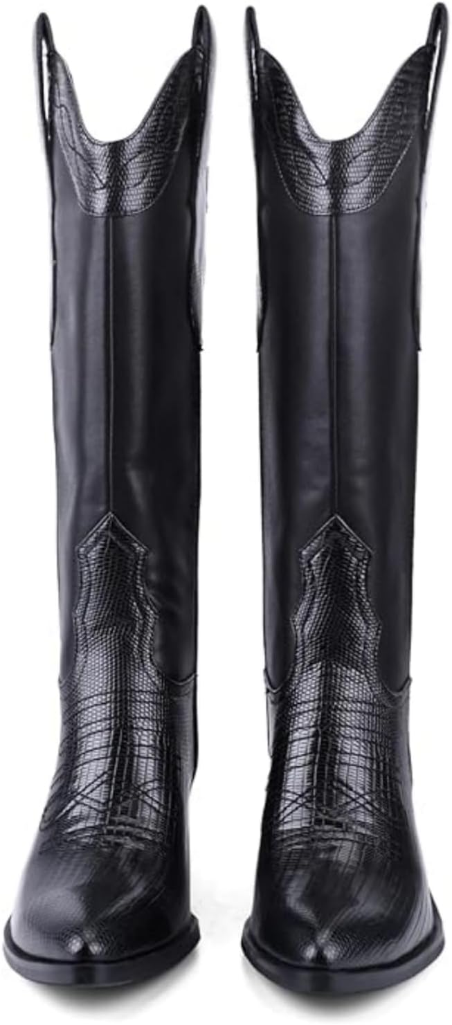 Cowboy Boots for Women Comfortable Chunky Heel, Embroidered Western Knee High Boots with Pointed Toe for Country Concert, Retro Cowgirl Style 