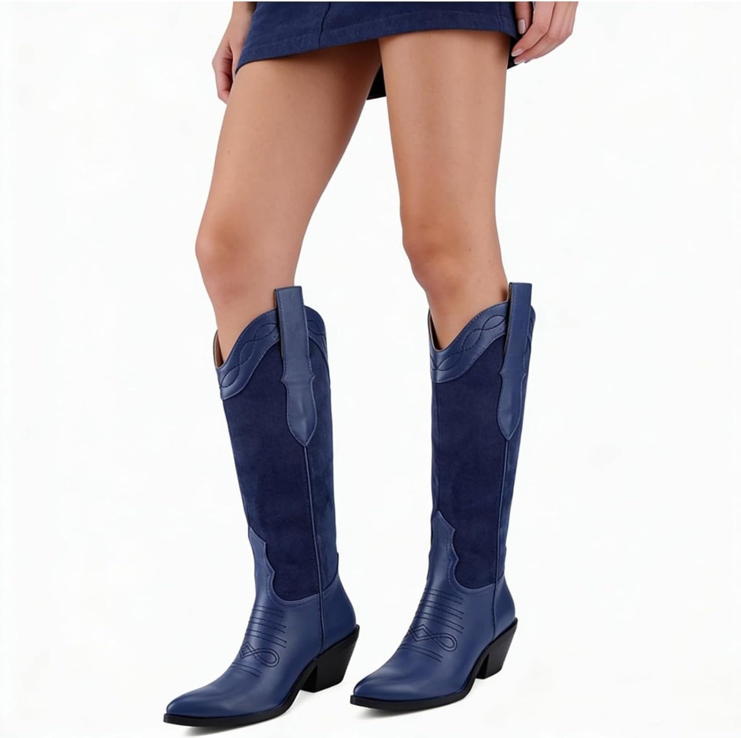 Cowboy Boots for Women Comfortable Chunky Heel, Embroidered Western Knee High Boots with Pointed Toe for Country Concert, Retro Cowgirl Style 