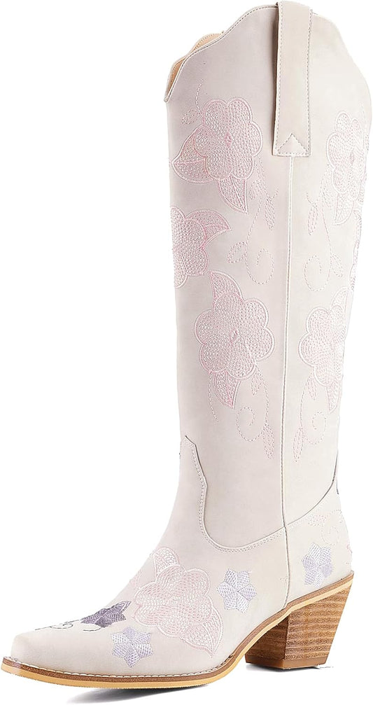 Women's White Cowboy Boots Knee High, Floral Embroidered Western Boots with Pointed Toe & Chunky Heel, Pull On Cowgirl Boots for Spring Outfit, Concert, Festival & Daily Wear 