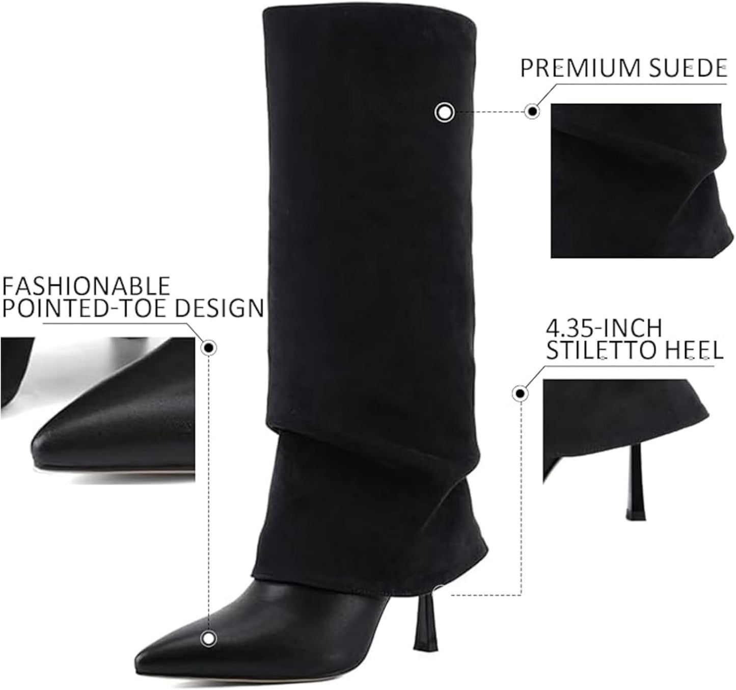 Women's Slouchy Knee High Boots Suede, Fold Over Pointed Toe High Heel Slip On Dress Boots, Chic Tall Boots for Daily Wear Party Dating 
