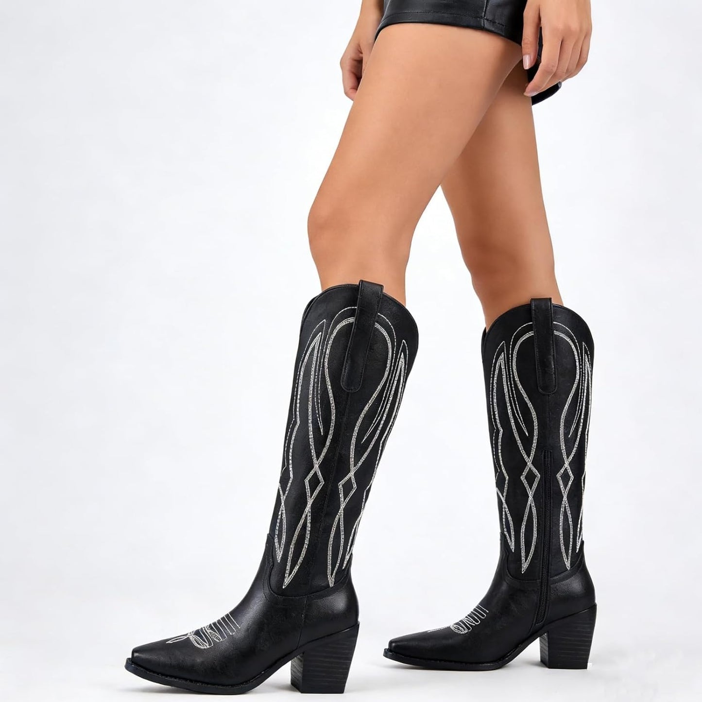 Women's Embroidered Knee-High Western Cowboy Boots, Soft Faux Leather Pull-On Fashion Cowgirl Boots with Pointed Toe and Chunky Heel for Concert, Festival, Party and Daily Outfit
