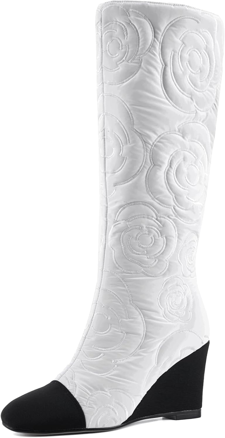 Women's Knee High Wedge Boots, Lightweight Fabric Dress Boots with Round Toe and Side Zipper, Fashion Color Block Design, Comfortable Wedge Heel Boots for Casual, Work, Party 