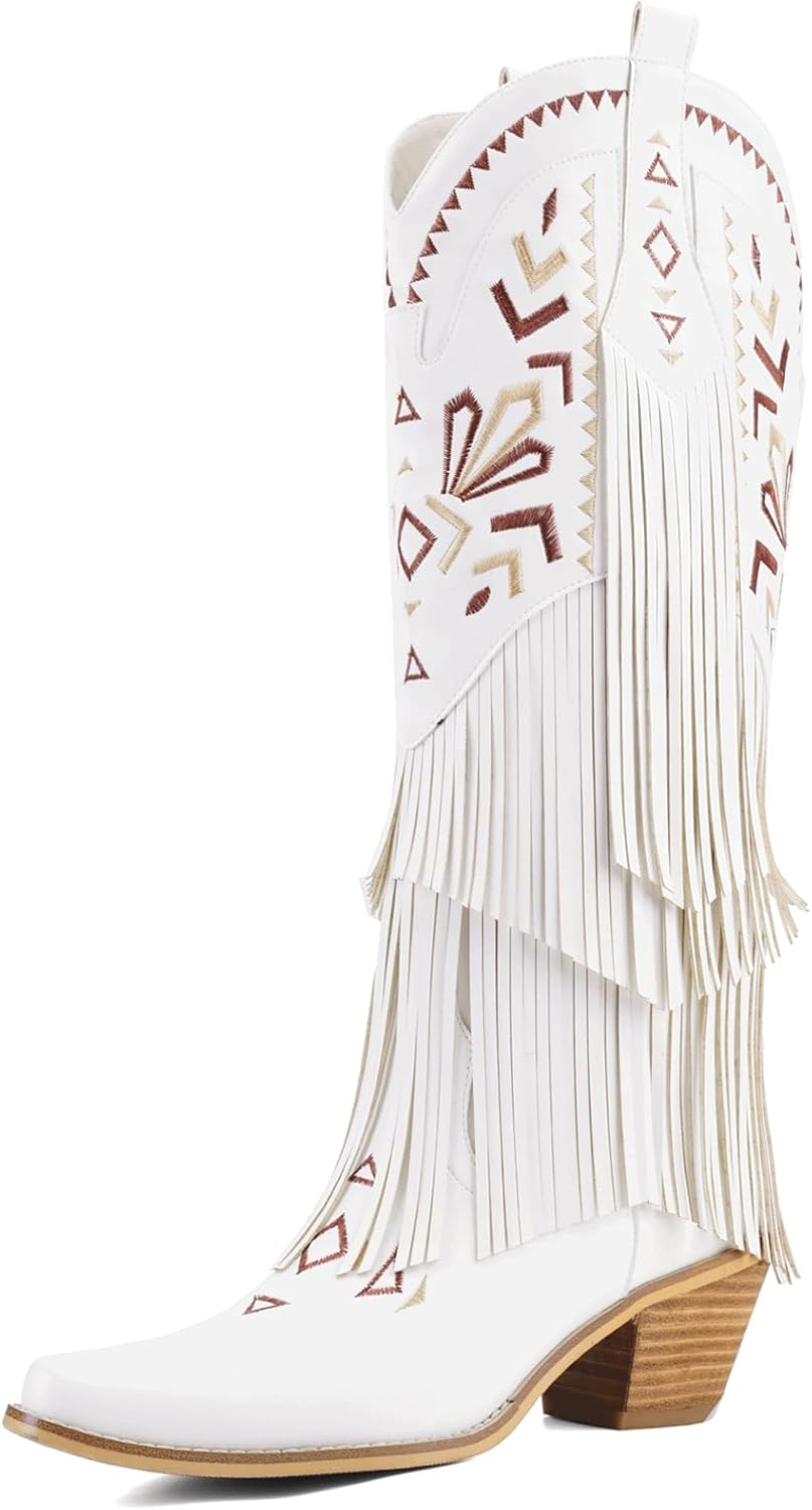 Women's Fringe Cowboy Boots Knee High, Embroidered Western Cowgirl Boots with Tassel, Pointed Toe Chunky Heel Pull On Boho Festival Concert Boots 